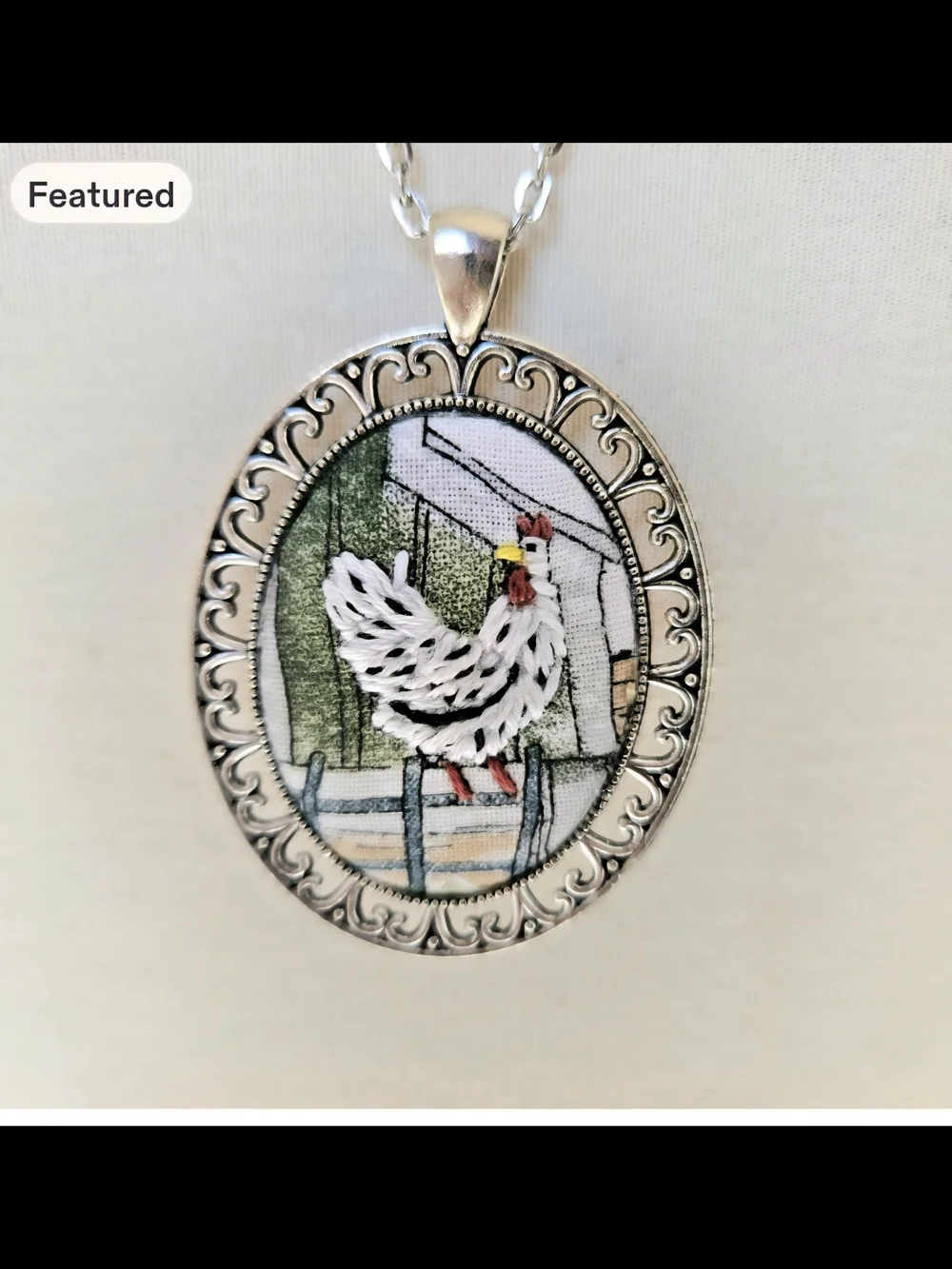 Chicken Pendant Necklace Hand Embroidered